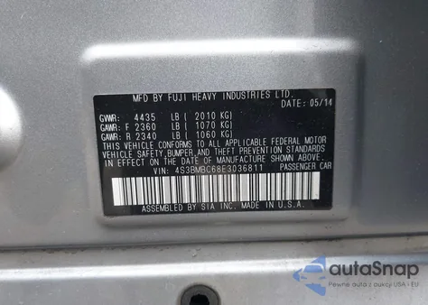 2014 Subaru Legacy 2.5I Premium from USA, damaged, VIN 4S3BMBC68E3036811